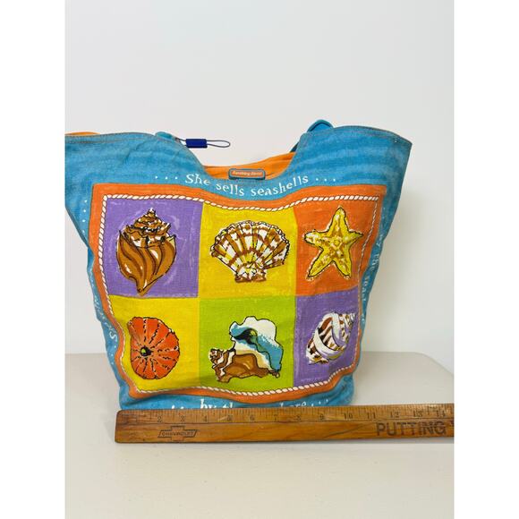 Anne Ormsby Surviving Stress Tote Washed Canvas Embroidered Shells Wood - Picture 13 of 16